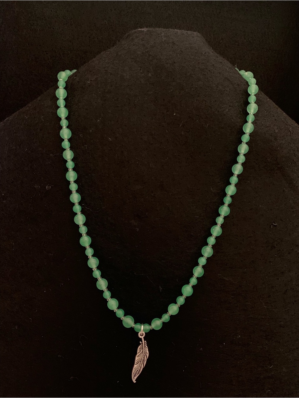 Green Beaded Necklace with Silver Feather Charm - Women's Jewelry